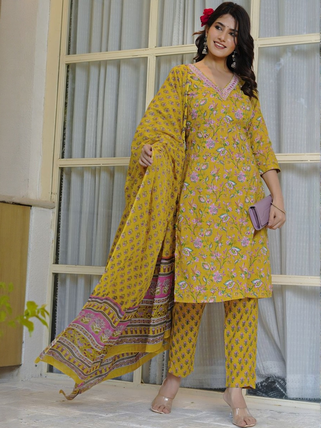 KALINI Women Floral Printed Regular Pure Cotton Kurta with Trousers & With Dupatta