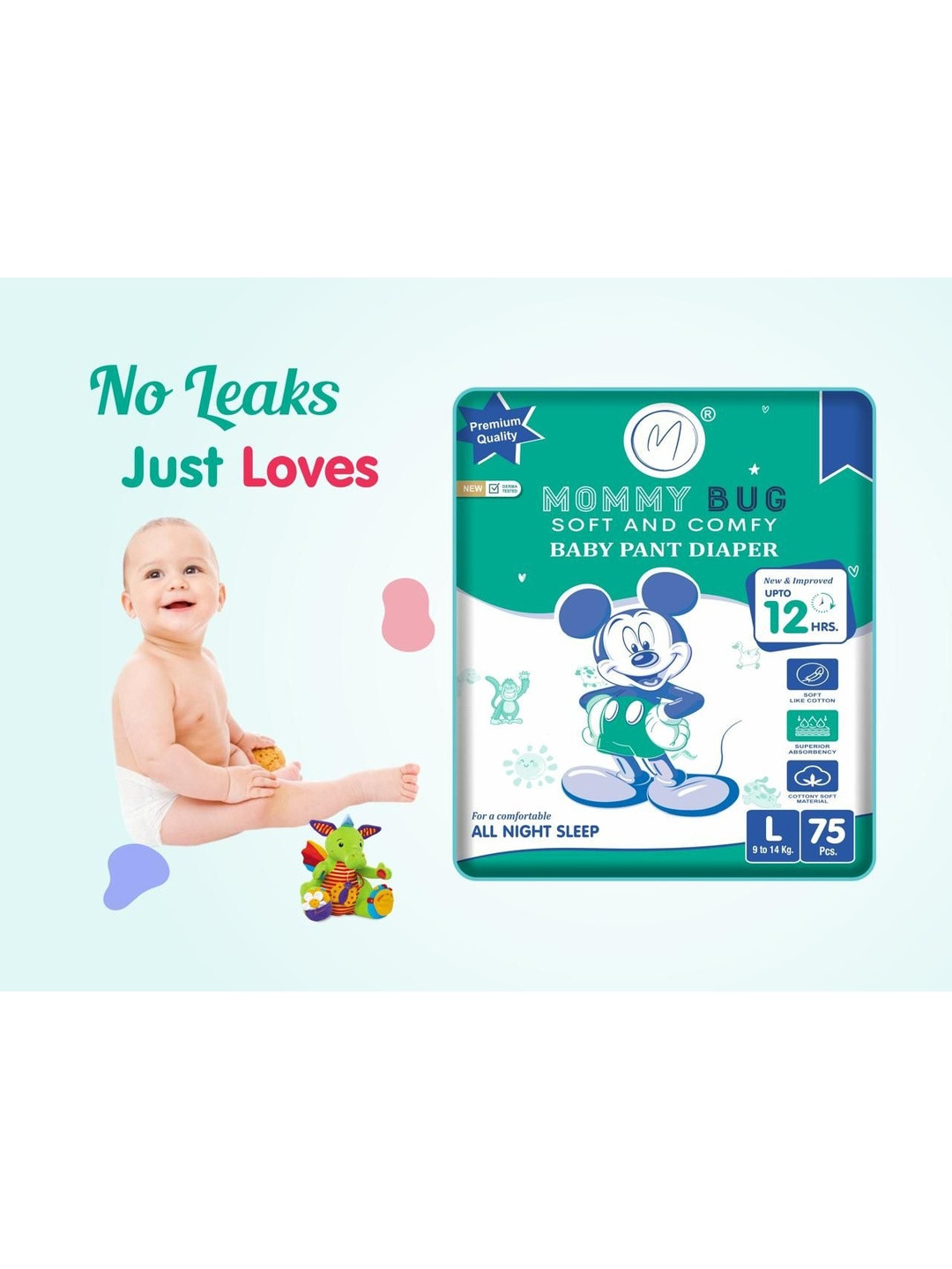 MOMMY BUG Soft & Comfy Cotton Baby Pant Diaper - L - 75 Pcs