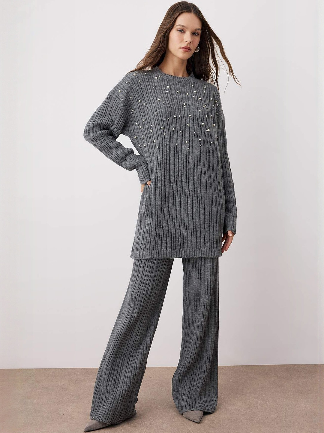 Trendyol Pearls Embellished Knitted Long Sleeves Sweater With Trouser