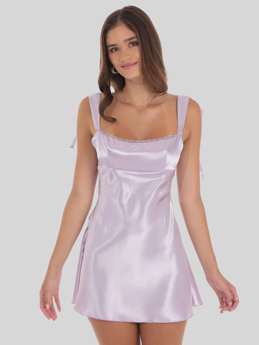 LULU & SKY Women Square Neck Shoulder Straps Lace Inserts A-Line Mini Dress