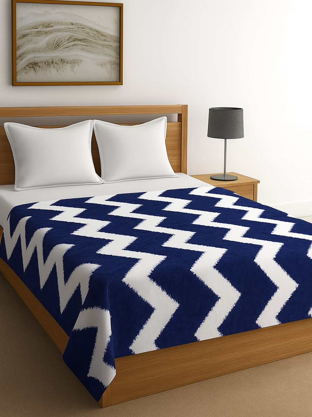 Cortina Navy Blue & White Chevron Print AC Room 250 GSM Double Bed Flannel Blanket