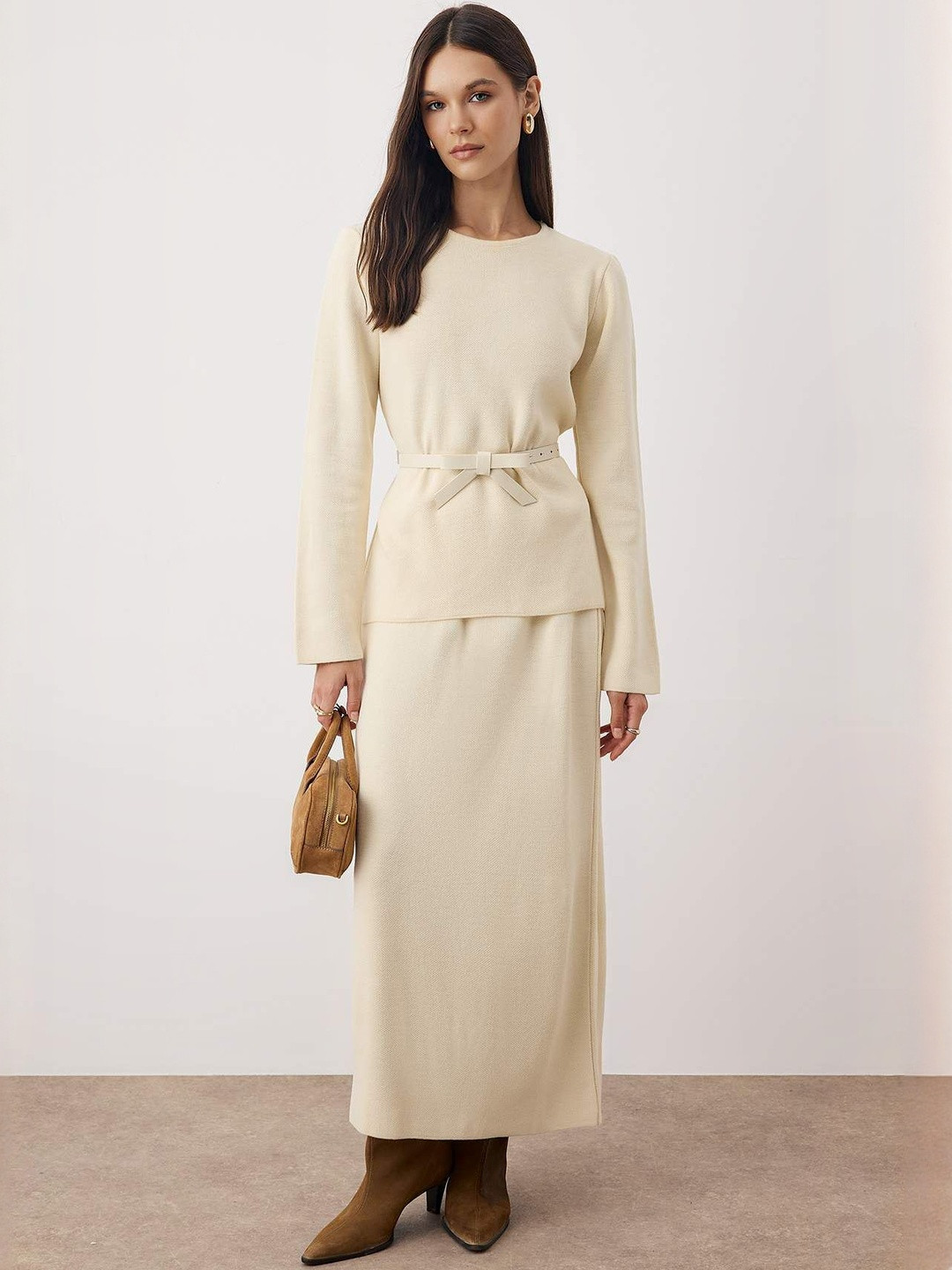 Trendyol Knitted Round Neck Long Sleeves Acrylic Sweater With Skirt & Bow Belt