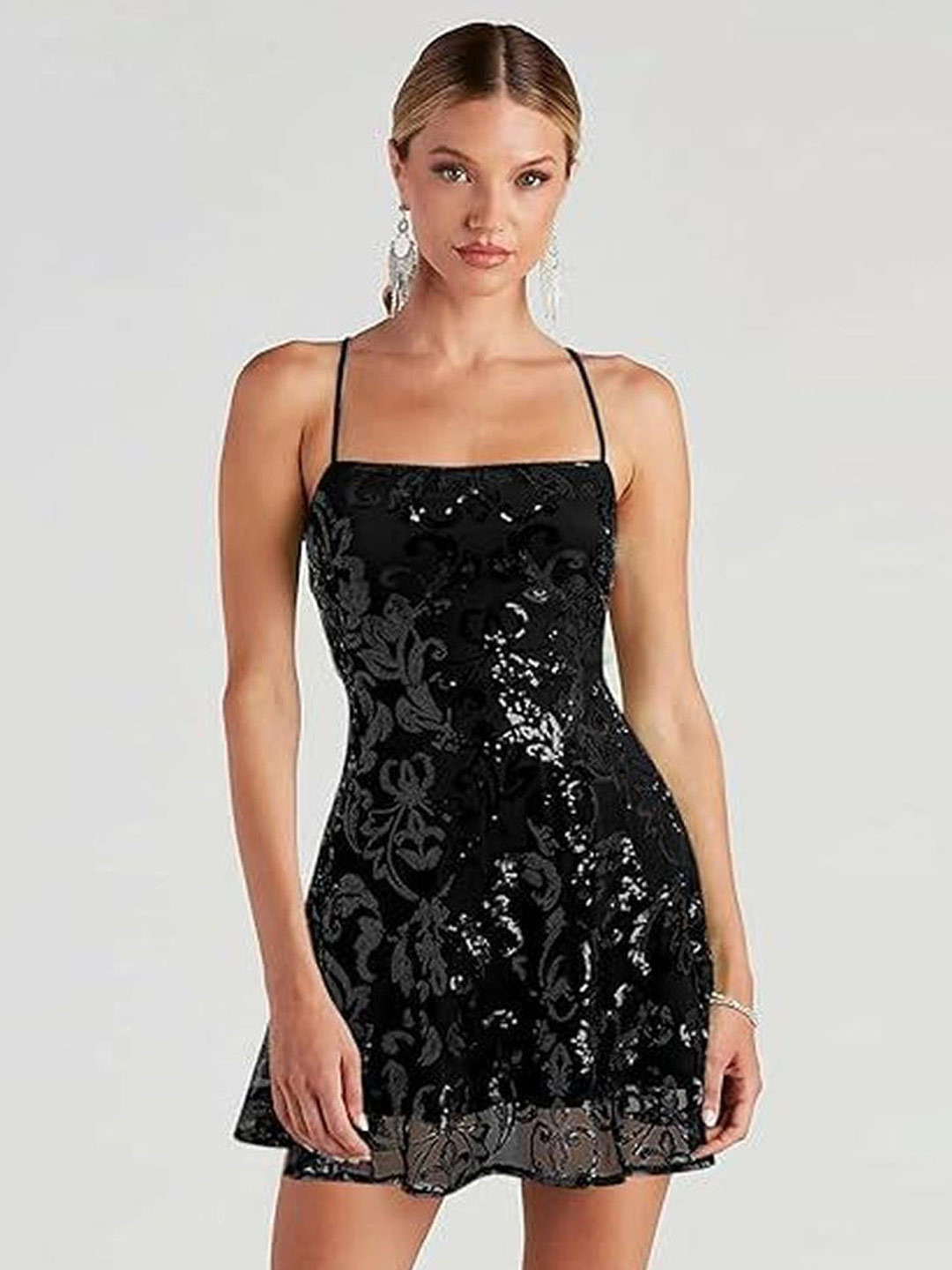 LULU & SKY Floral Embellished Shoulder Straps Sequined A-Line Mini Dress