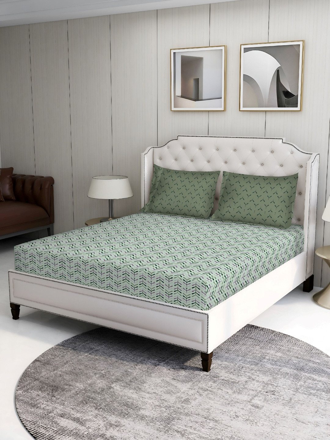 BOMBAY DYEING Green Printed Cotton 100 TC Double Bedsheet & 2 Pillow Covers 88 in x 96 in