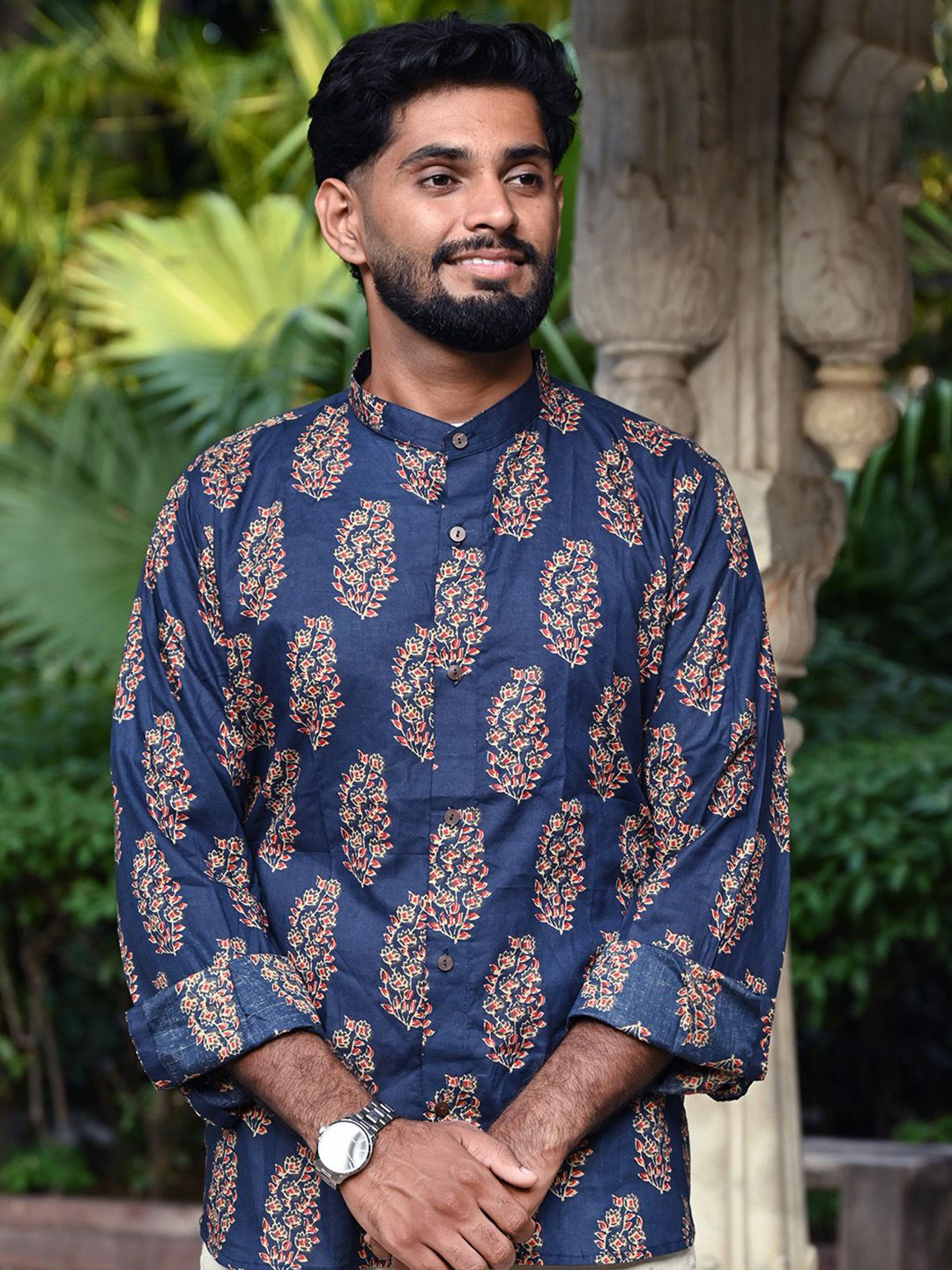 GOODHAND Men Comfort Printed Relaxed Fit Indigo Booty Cotton Ethnic Shirt