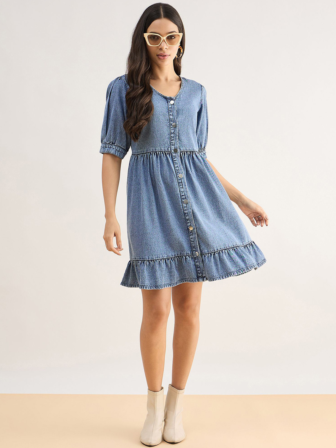 Orchid Blues Puff Sleeve Denim Fit & Flare Dress