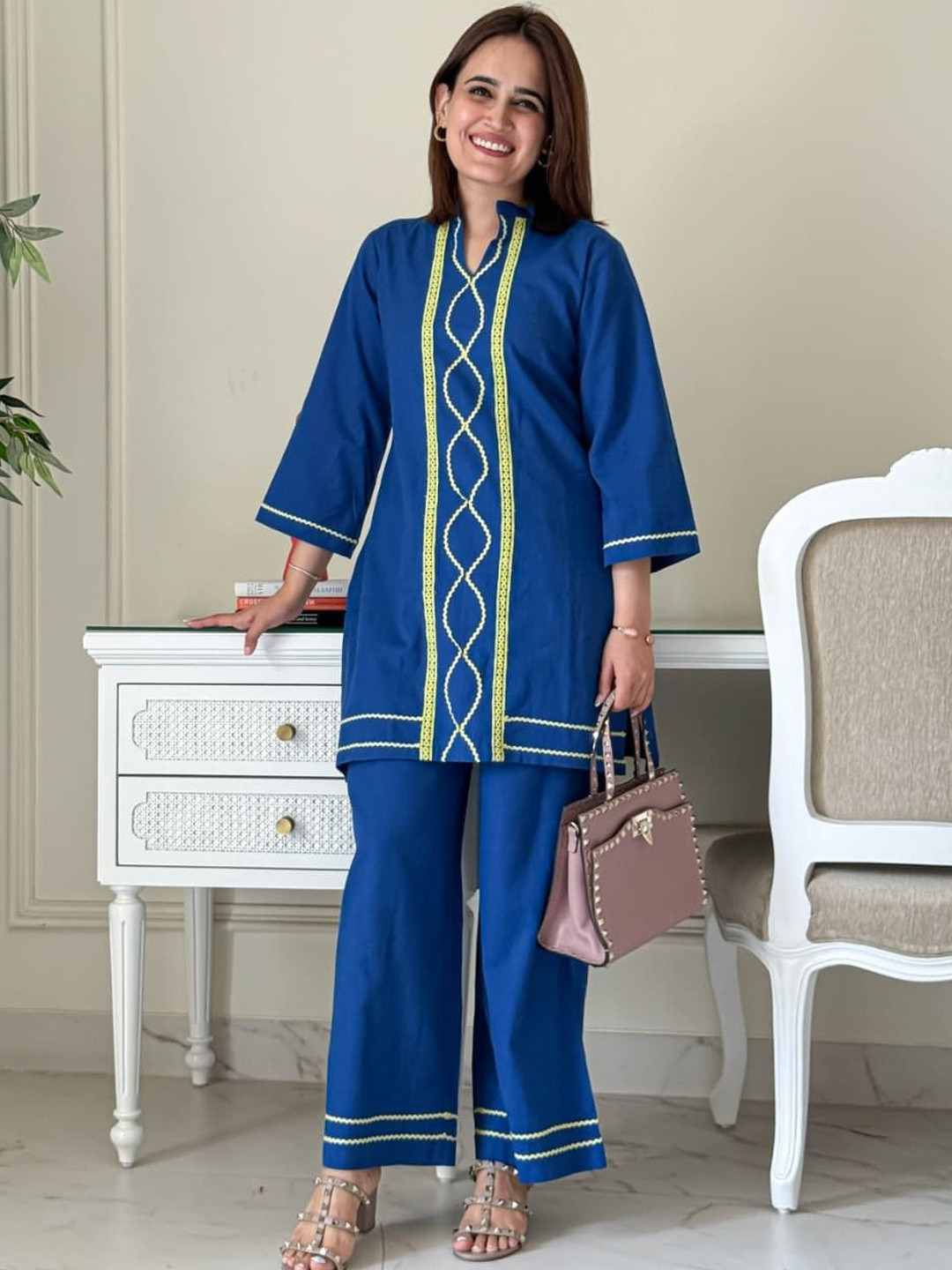 MARIONETTEFASHION Embroidered Pure Cotton Tunic & Trousers Co-Ords