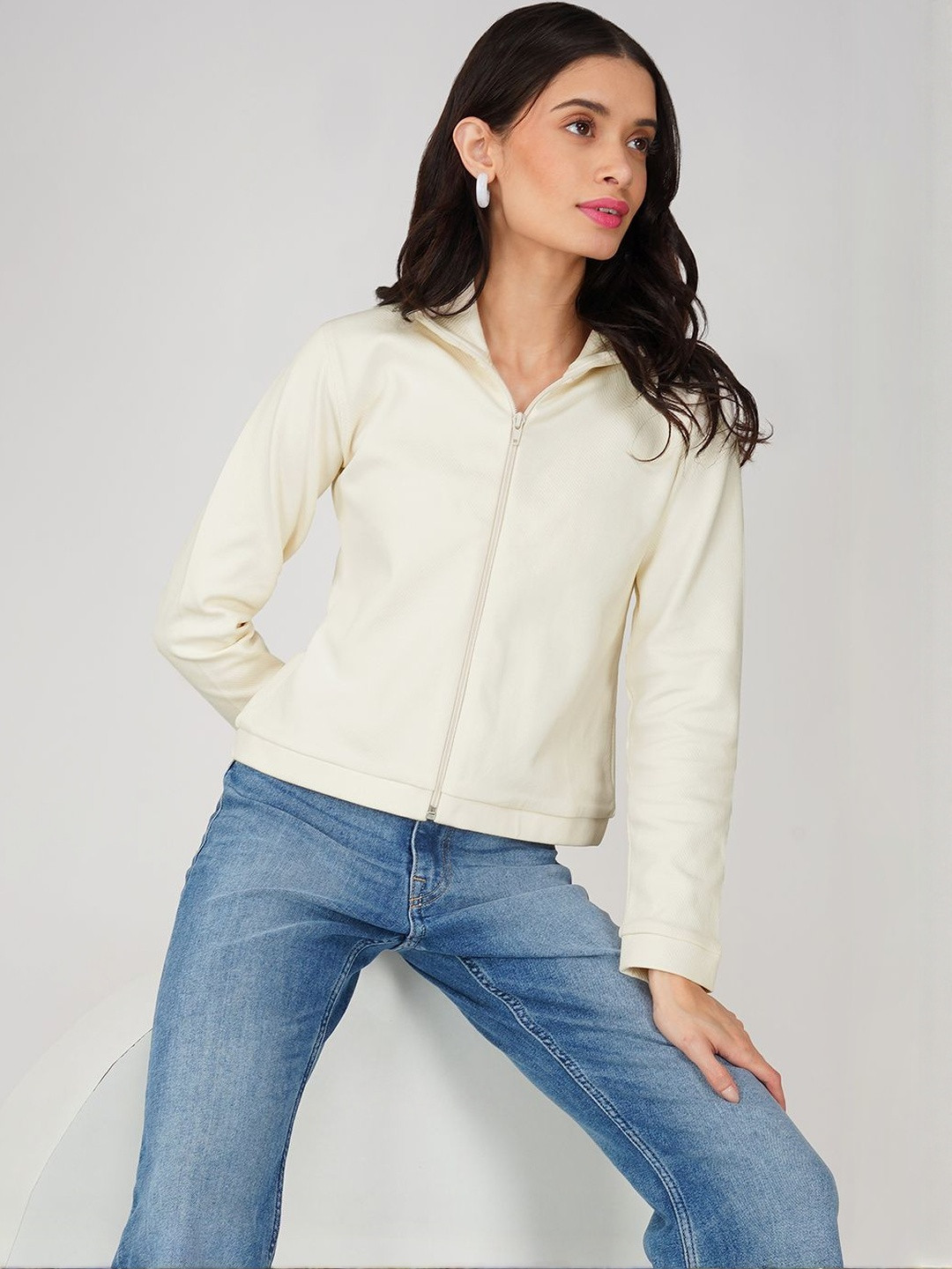 ONEWAY Women Mock Collar Solid Cotton Sporty Jacket