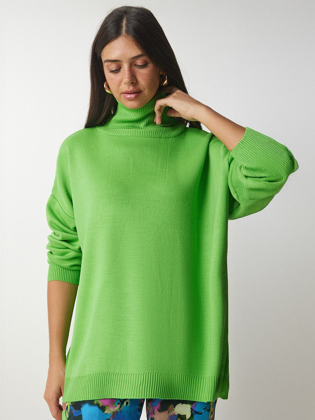 Happiness istanbul Women Ribbed Turtle Neck Oversized Pullover