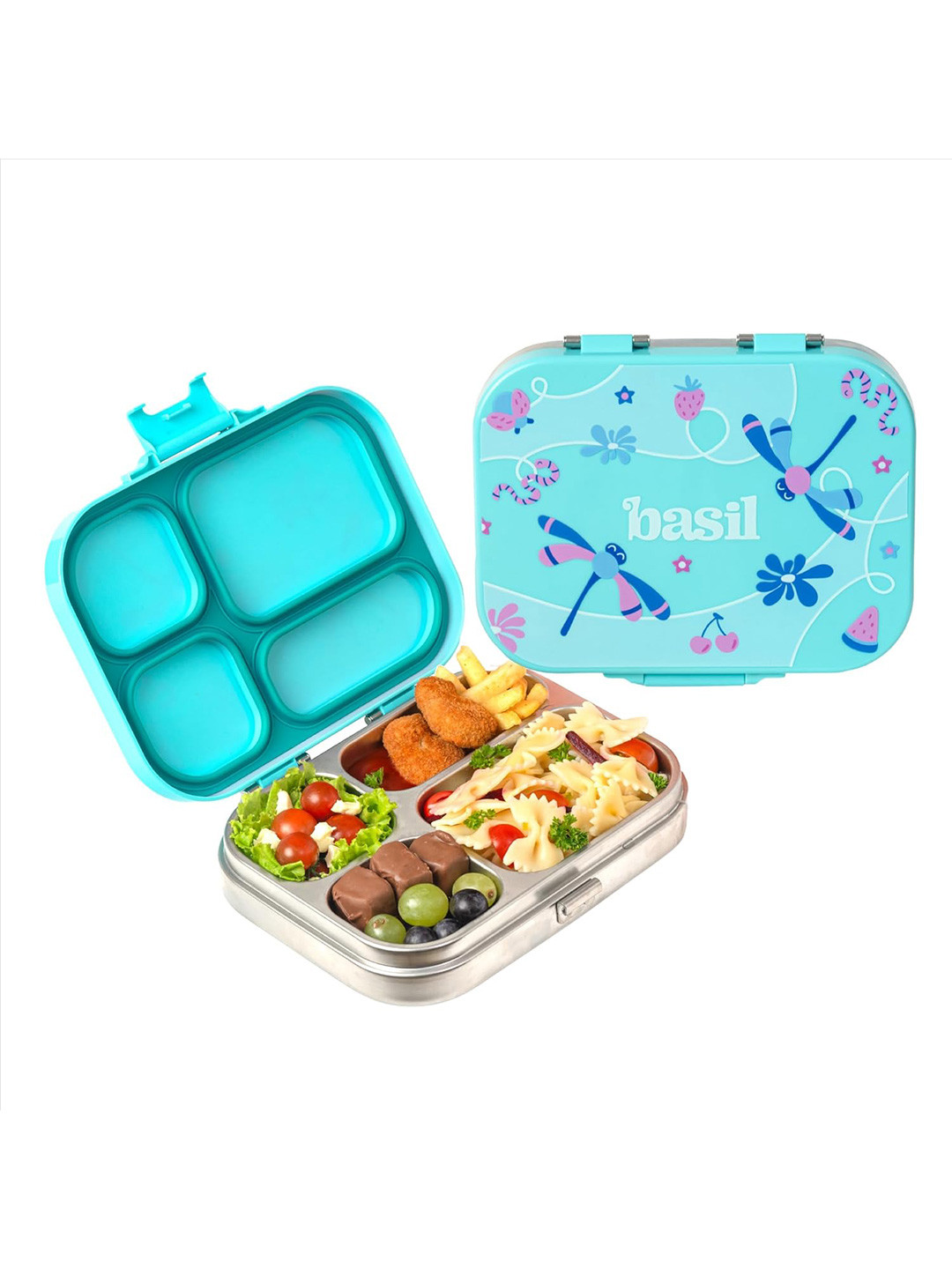 BASIL Teal Stainless Steel 4 Compartment Bento Lunch Box with Lid