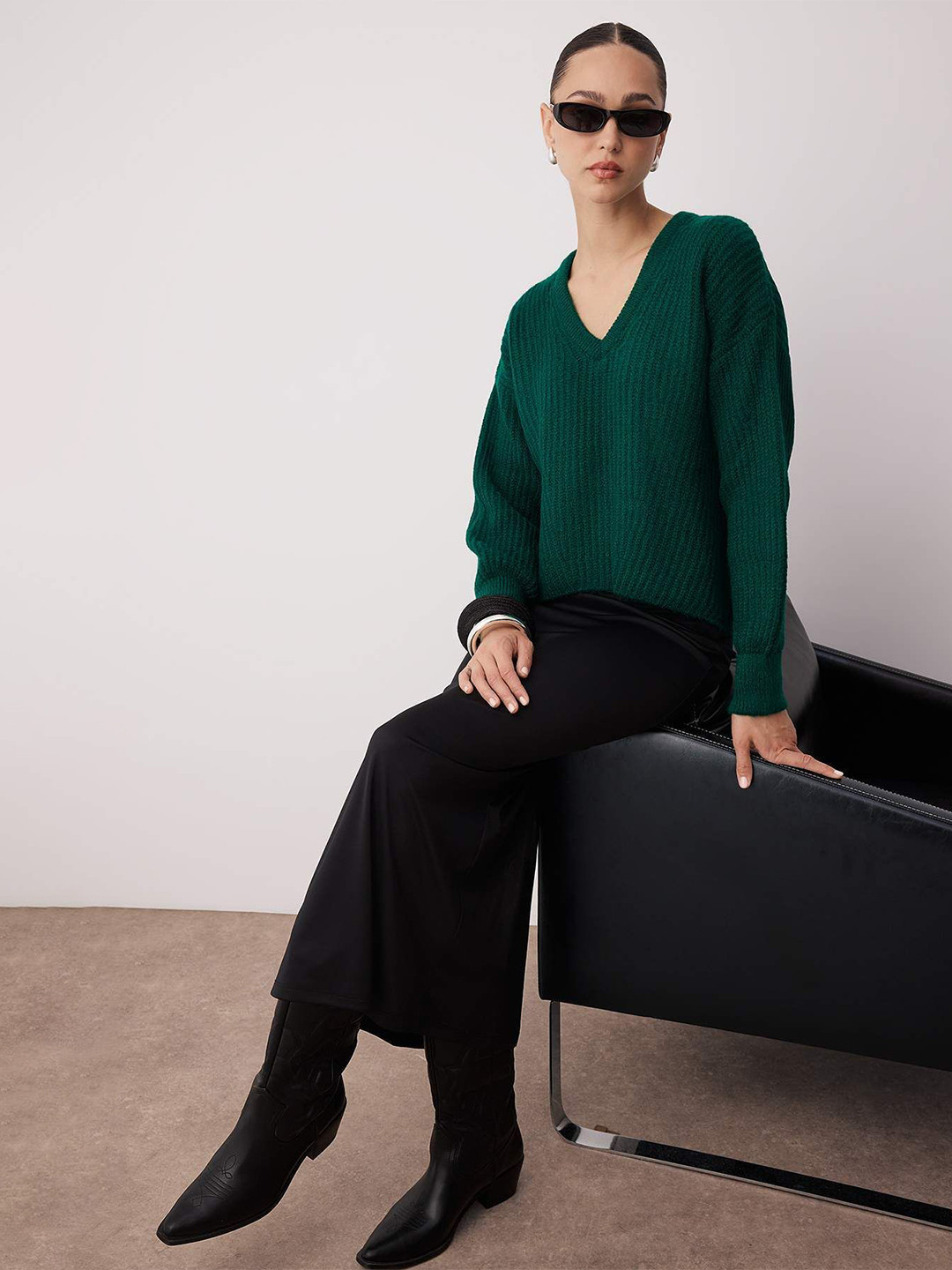 Trendyol Women V-Neck Long Sleeves Ribbed Pullover