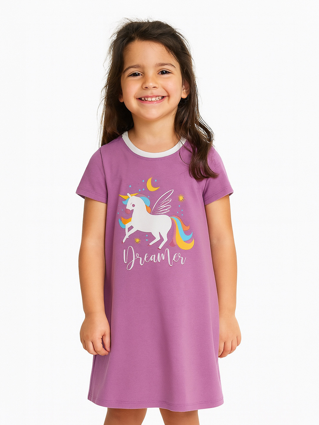 Nauti Nati Girls Unicorn Printed Round Neck Cotton A-Line Dress