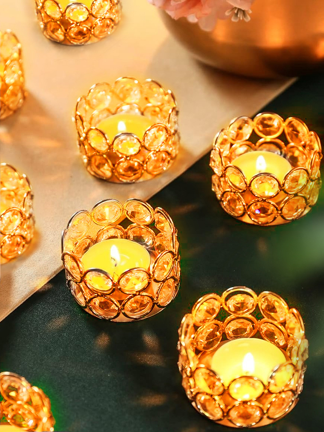 TIED RIBBONS Set of 8 Decorative Crystal Tea Light Candle Holder.