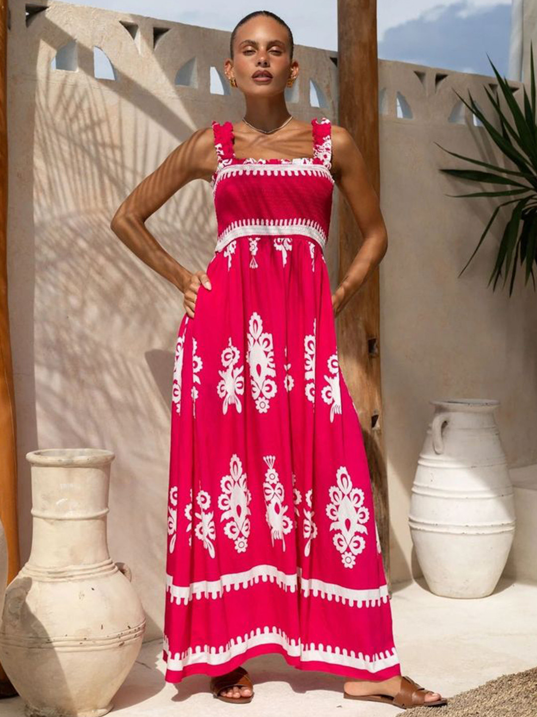 LULU & SKY Red Women Ethnic Motif Printed Smocked Square Neck Maxi Dress