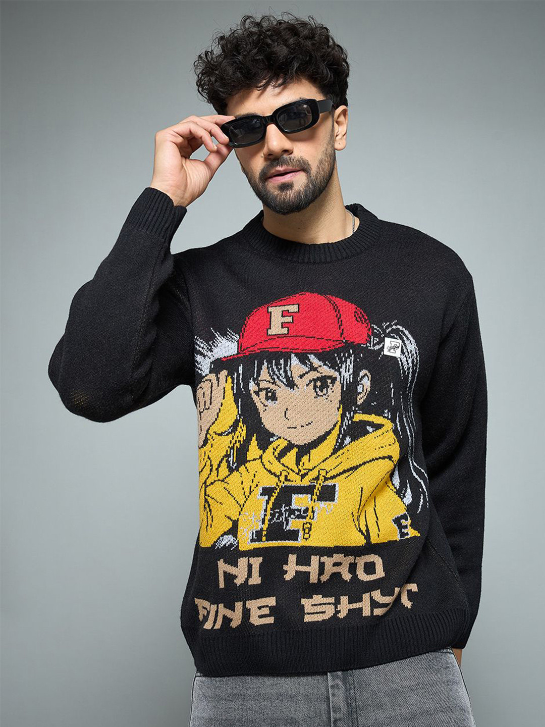 FUGAZEE Men Anime Graphic Printed Knitted Pullover