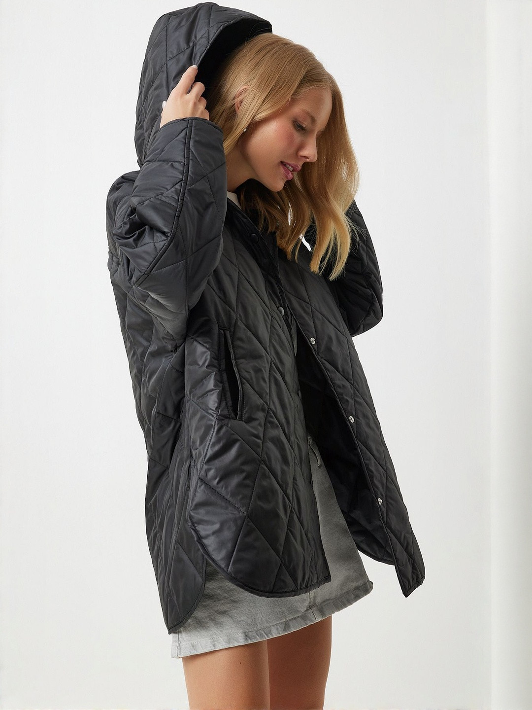 Happiness istanbul Geometric Priinted Lightweight Hooded Long Sleeves Quilted Jacket