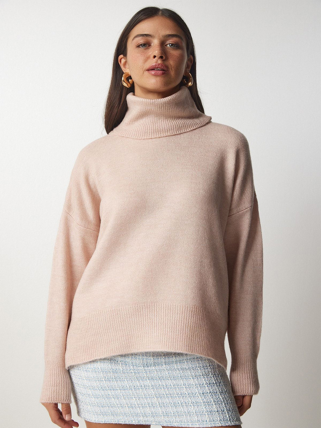 Happiness istanbul Pudra Women Ribbed Turtle Neck Pullover Sweater