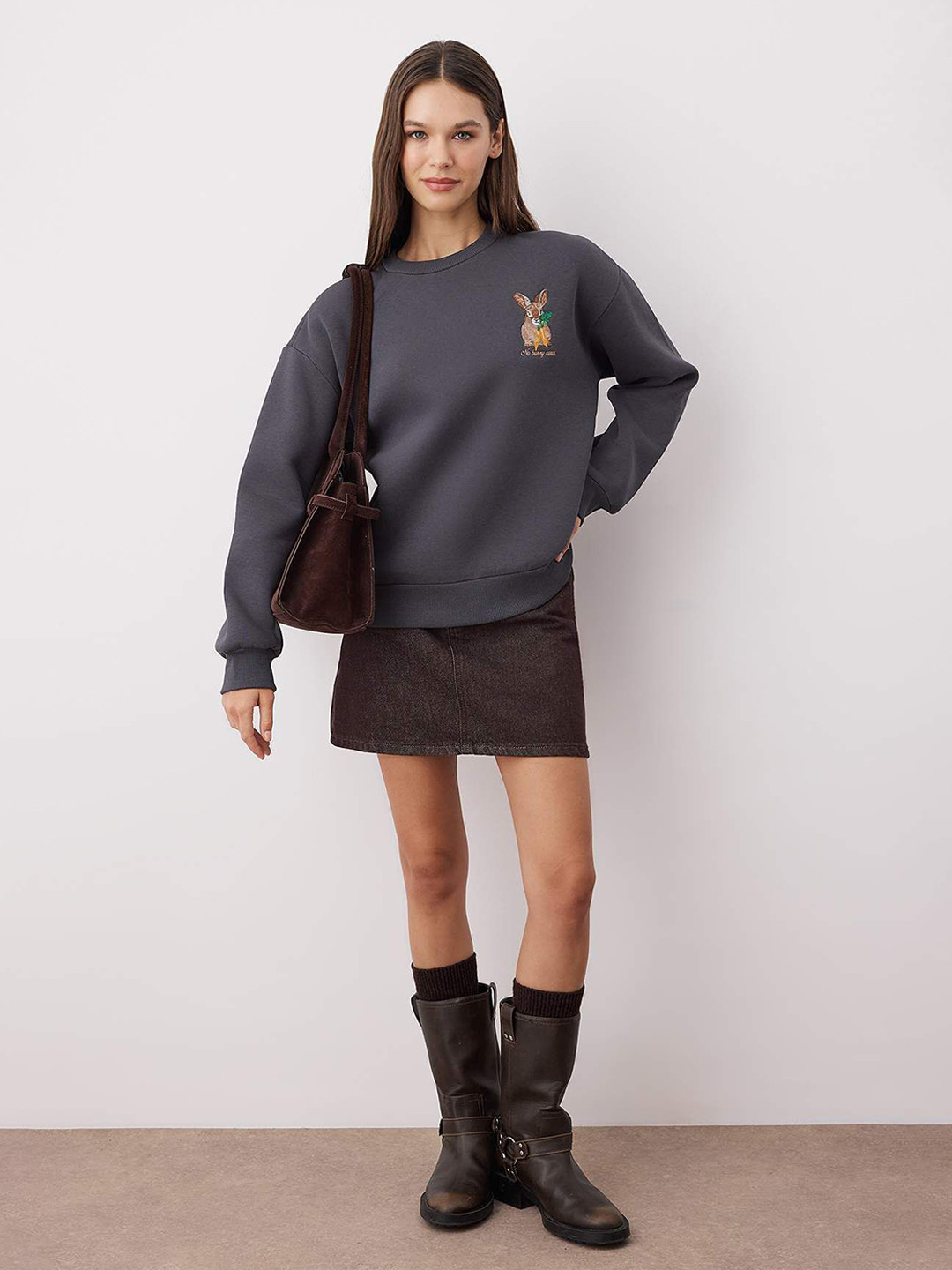 Trendyol Women Graphic Embroidered Details Round Neck Long Sleeves Oversized Sweatshirt