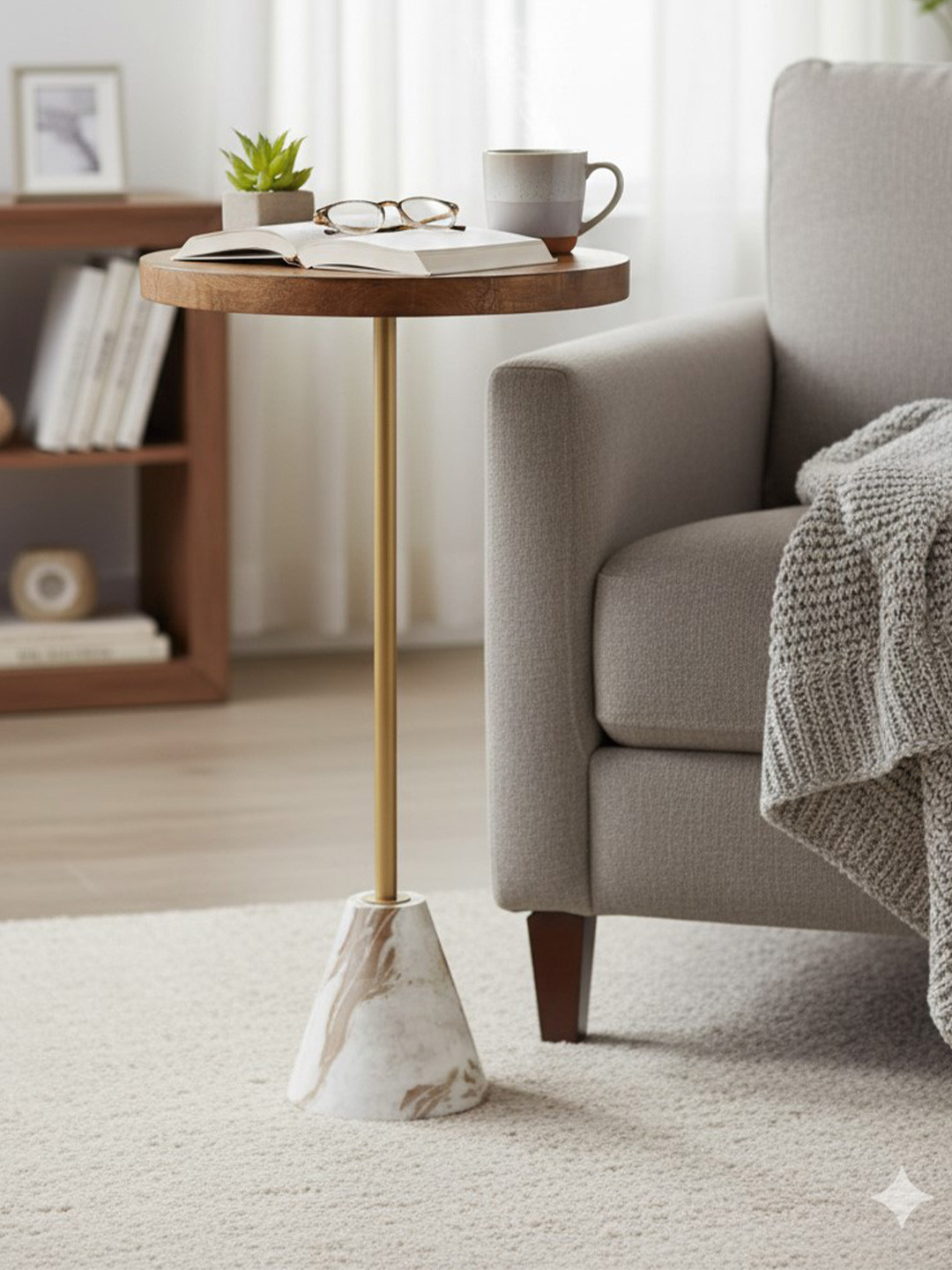 Little Extra Brown & White Round Wooden Coffee Table with Marble Base