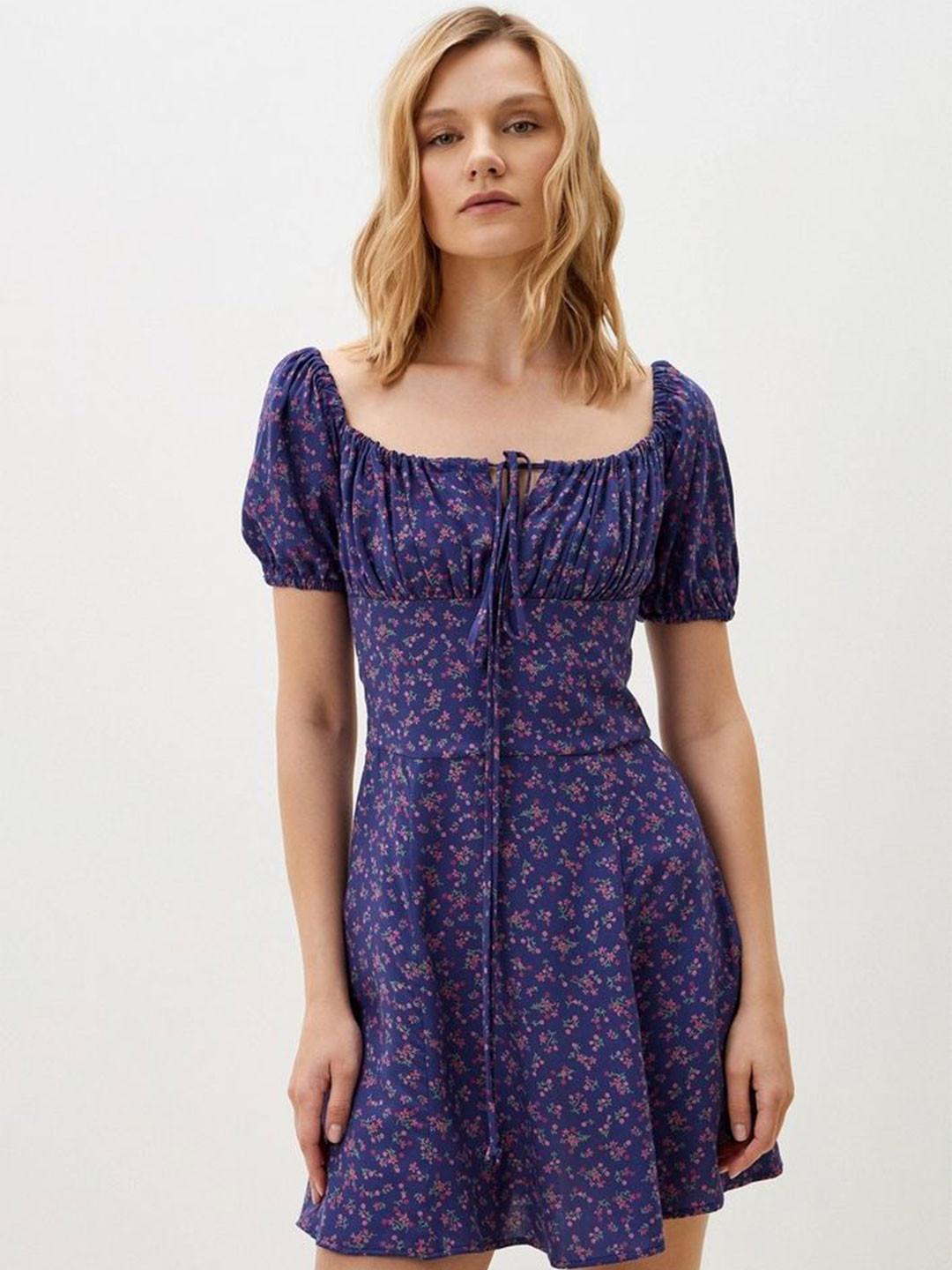 LULU & SKY Women Tie-Up Neck Floral Print Puff Sleeve Fit & Flare Mini Dress