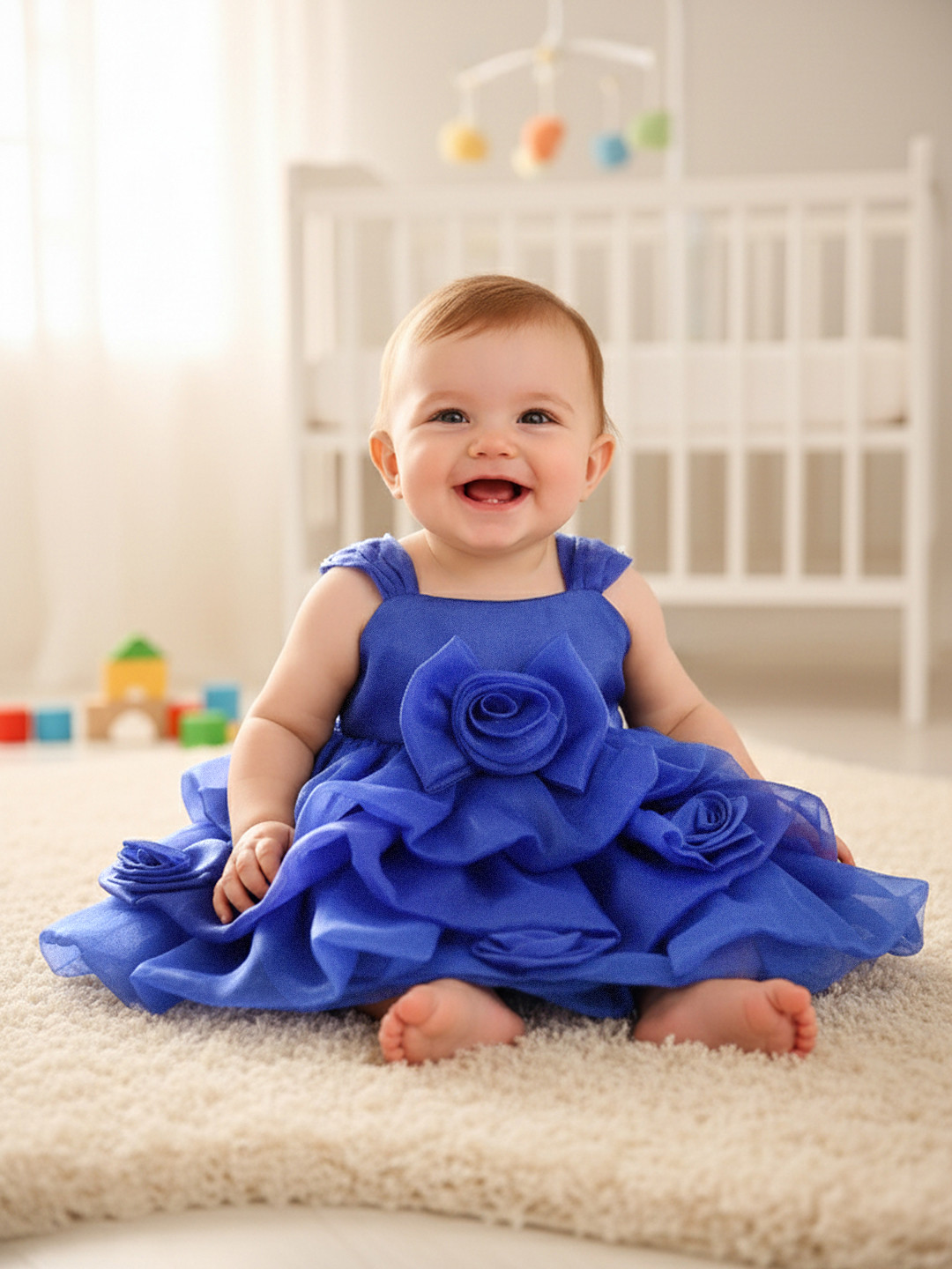 YK Girls Puff Sleeve Floral Applique Fit & Flare Dress