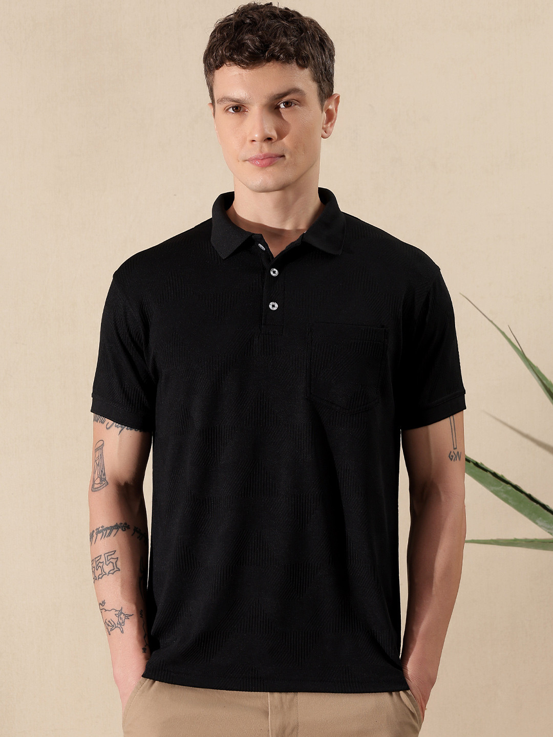 BLUWEEA Mens Solid Black Slim Fit Raw Edge Polo Collar Cotton Blend Jacquard T-shirt