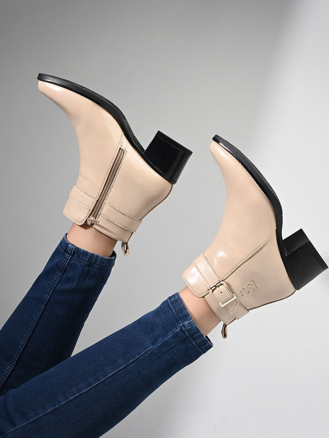 LOUIS STITCH Elegant Mid-Top Neck Belt Buckle Slip-On Chelsea Block Boots