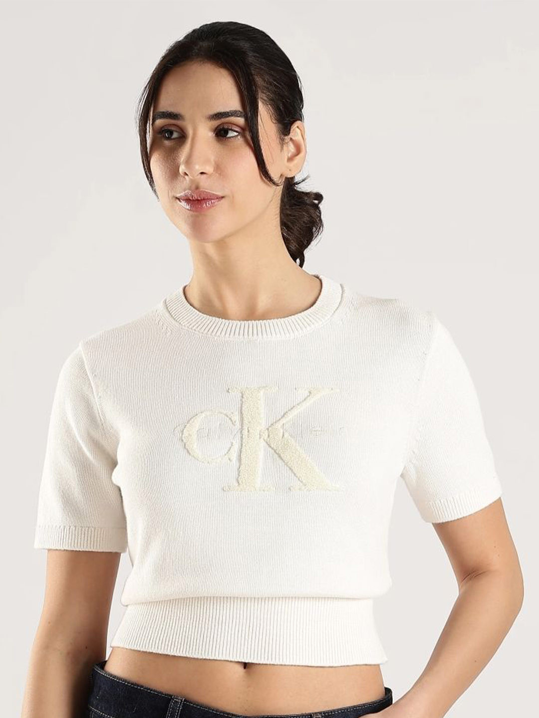 Calvin Klein Jeans Women Logo Embroidered Round Neck Pullover Crop Sweatshirt