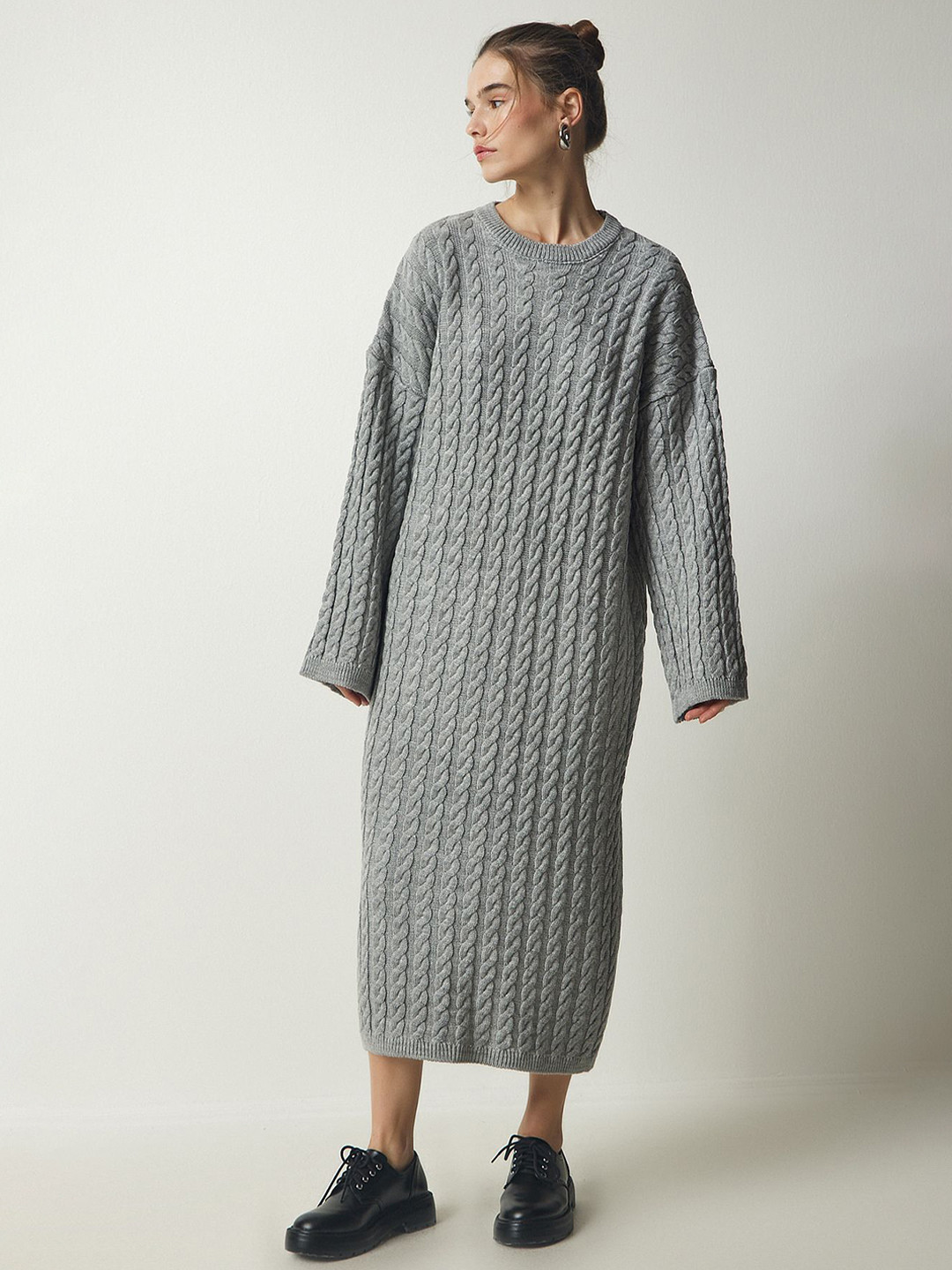 Happiness istanbul Cable Knit Drop-Shoulder Sleeves Jumper Midi Dress
