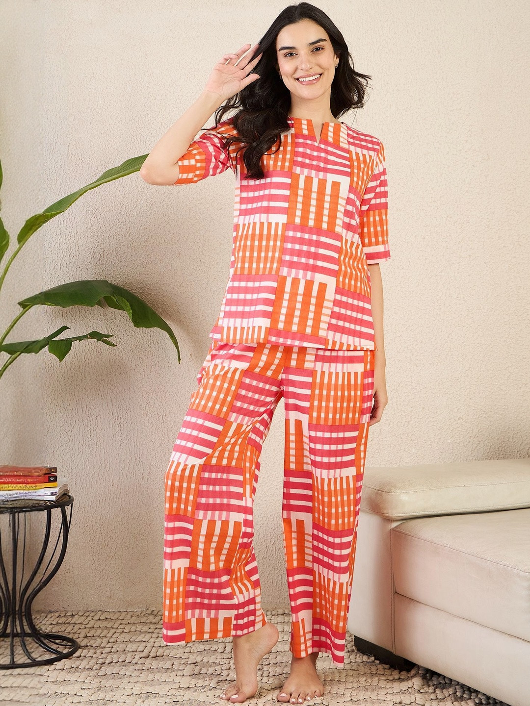 July Women Checked Cotton Nightsuit
