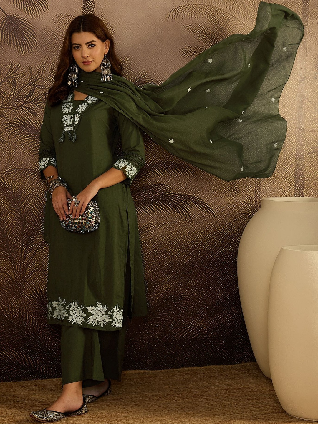 Sangria Embroidered Cotton Kurta with Trousers & Dupatta Set