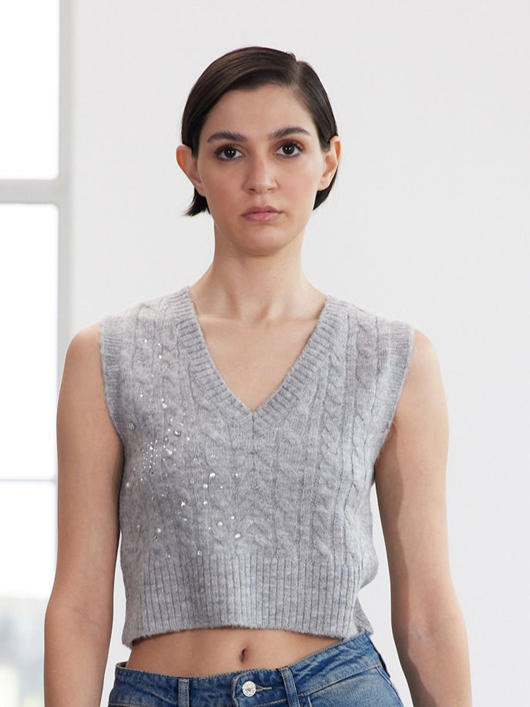 Trendyol Women Cable Knit Crop Sweater Vest with Beaded Detail