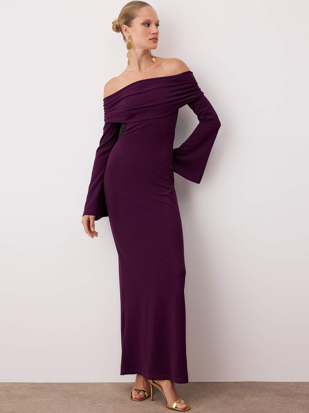 Trendyol Women Bordo Off-Shoulder Flared Sleeve Sheath Maxi Dress