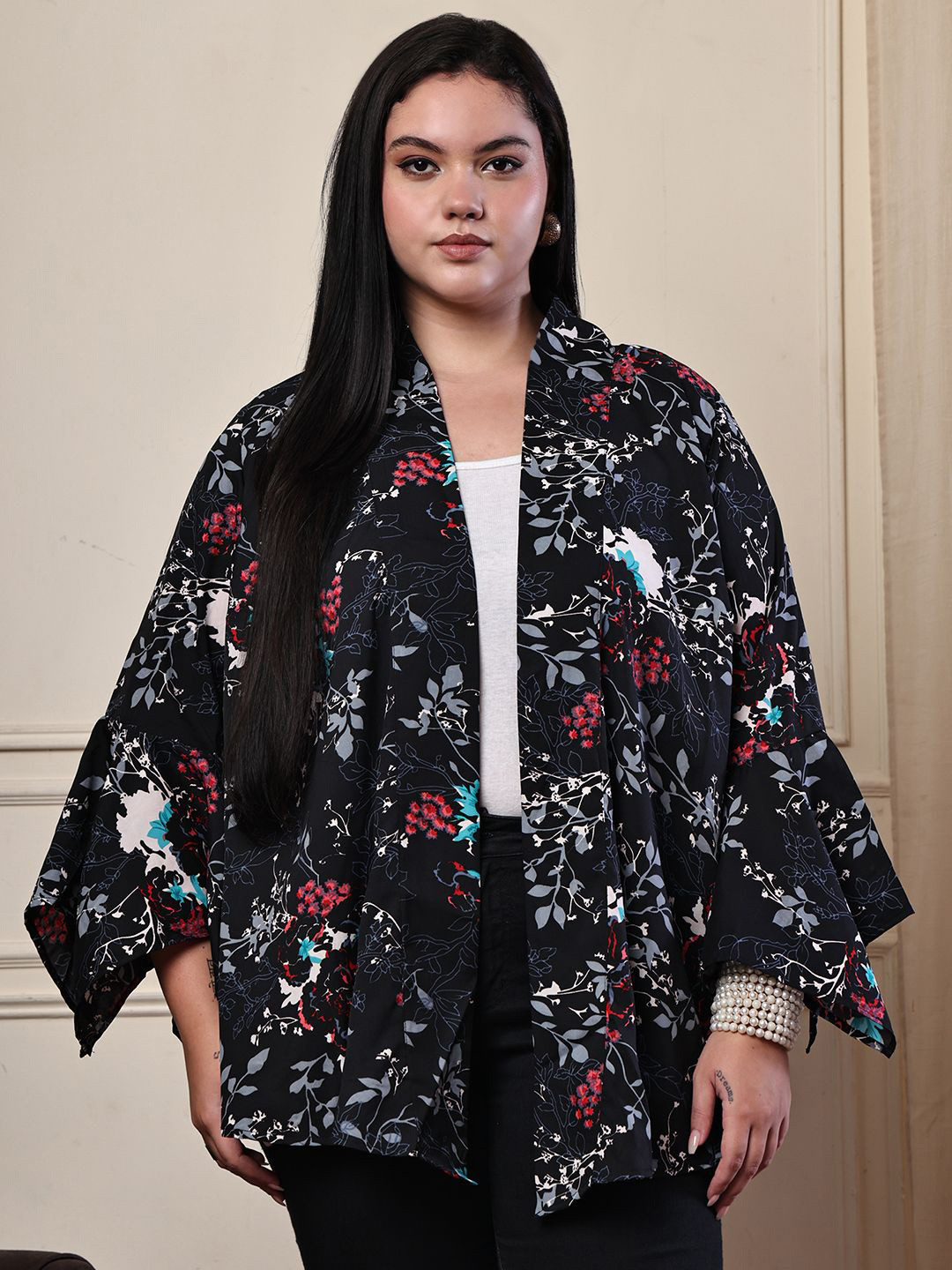 theRebelinme Floral Printed V-Neck Open Front Asymmetric Long Sleeves Shrug