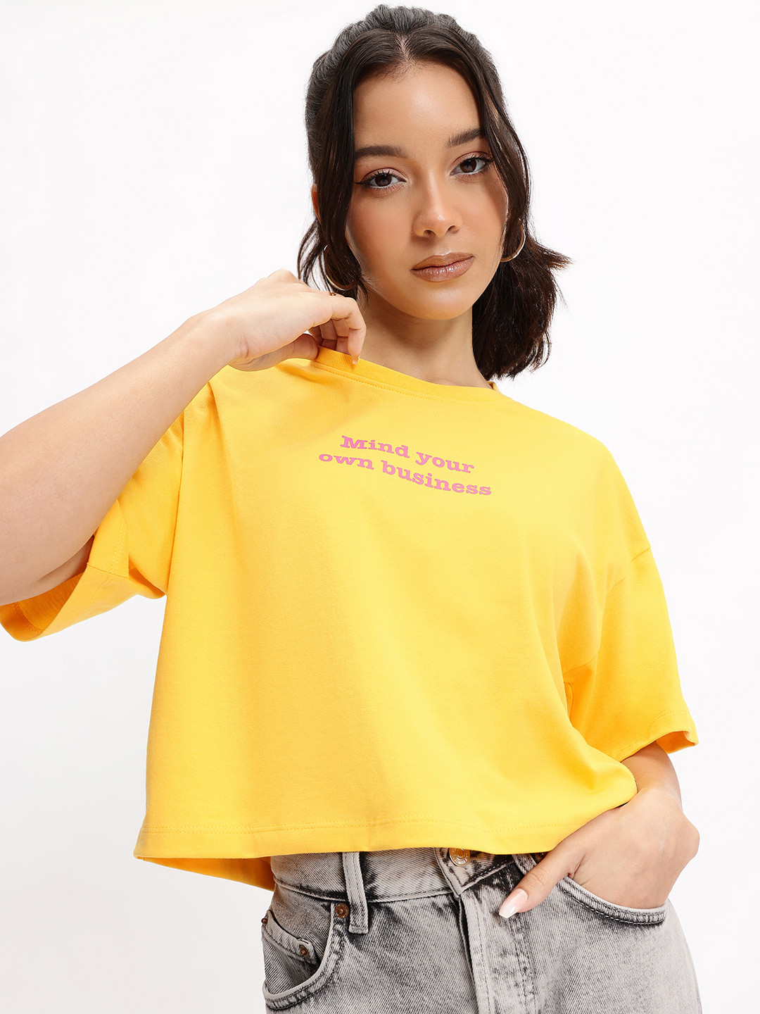 Yellow Typography Boxy T-shirt with Drop-Shoulder Sleeves
