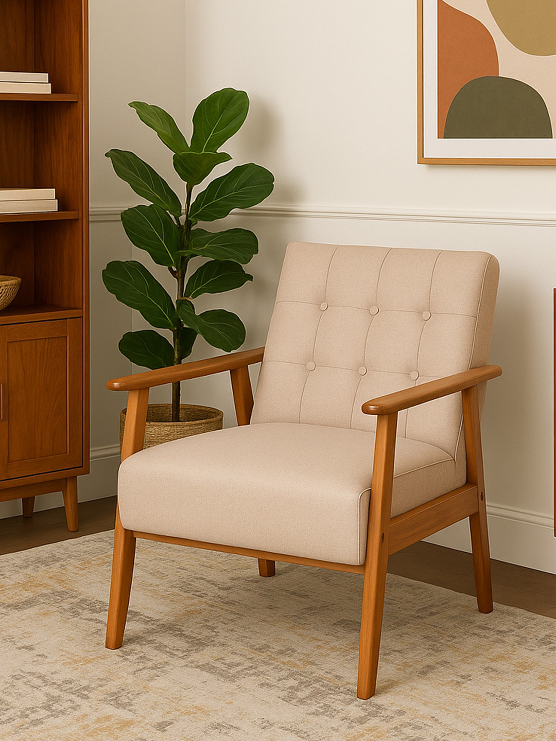 Little Extra Beige Upholstered Wooden Armchair