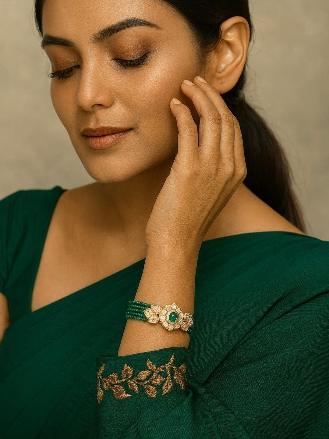 VANSHIKA JEWELS Gold-Plated Stones Studded & Beaded Antique  Wraparound Bracelet