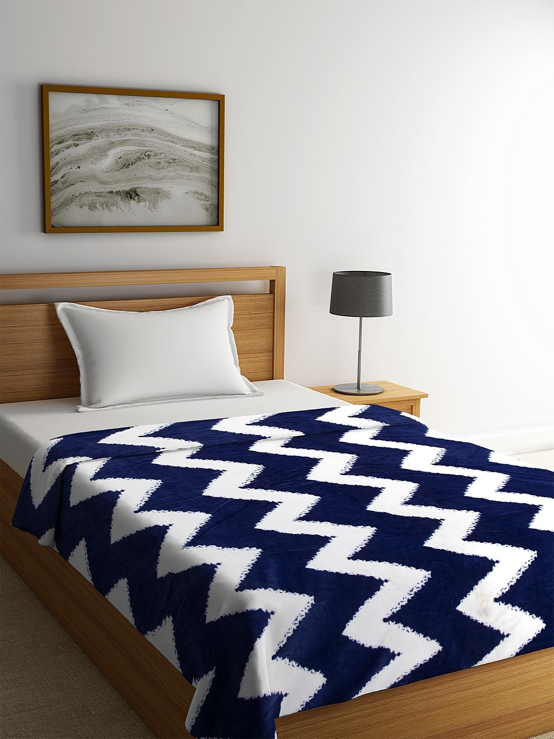 Cortina Navy Blue & White Geometric AC Room 250 GSM Single Bed Blanket
