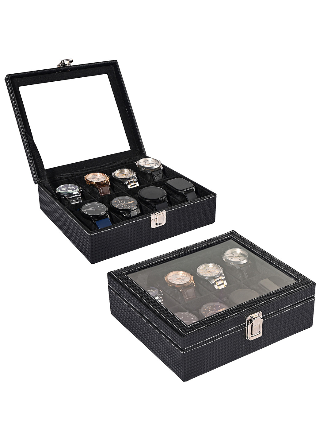 Aura Black 2 Pcs Premium Faux Leather See Through 8 Slots Wrist Watch Organiser Watch Box