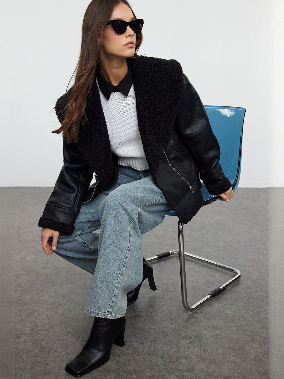 Trendyol Shawl Collar Biker Straight Jacket