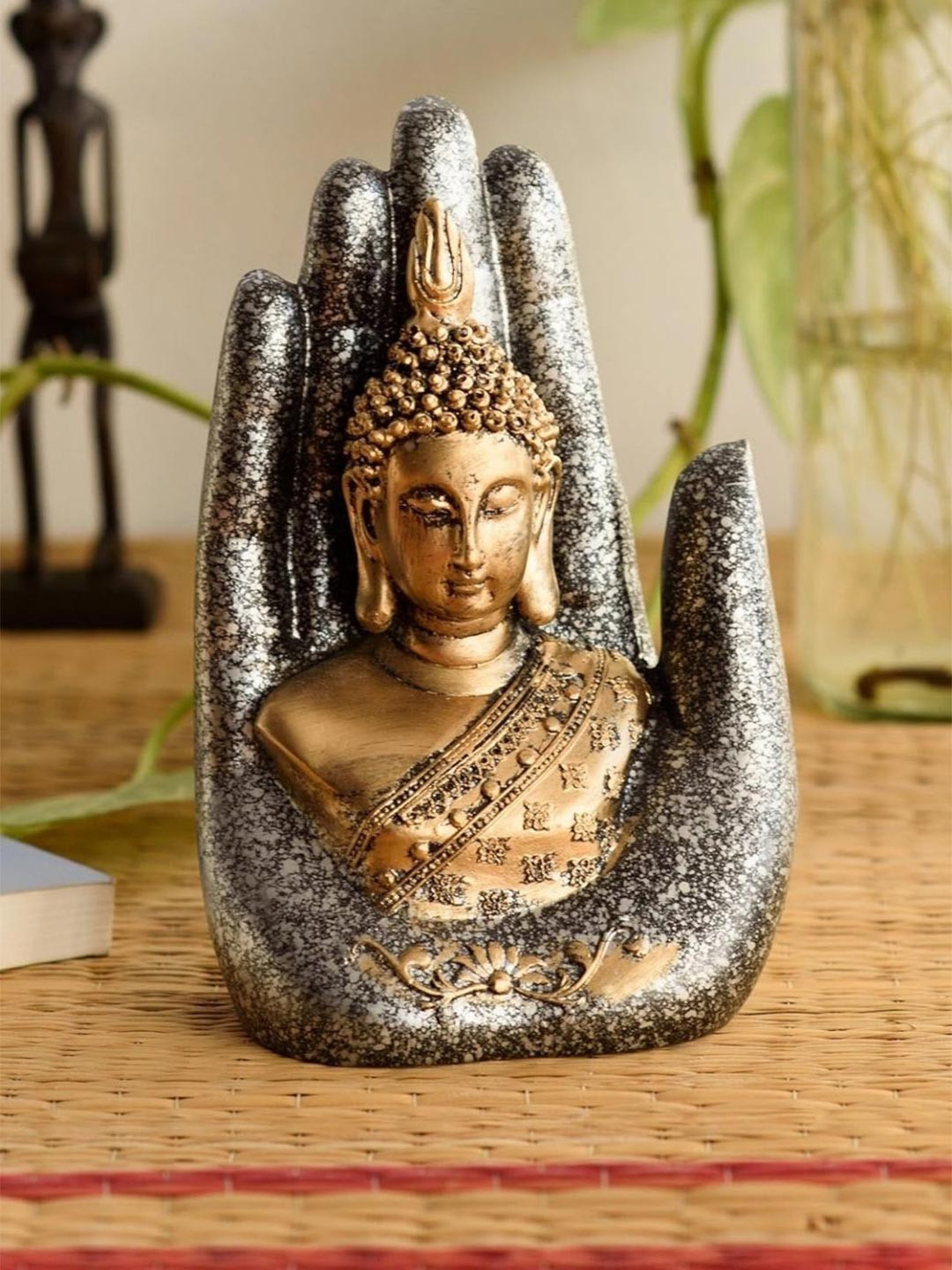 eCraftIndia Buddha Palm Silver Polyresin Matte Garden Hand-Crafted Small Showpiece - 7 Inches
