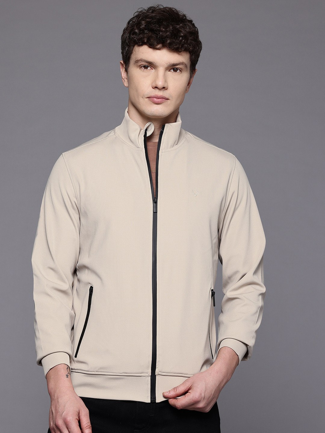 Allen Solly Micro Checked Mock Collar Bomber Jacket