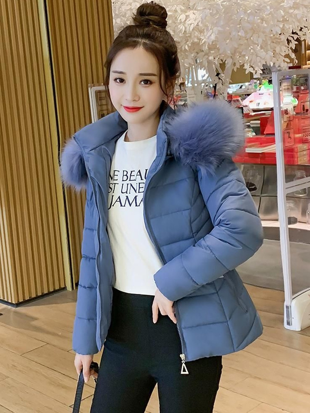 bebe Woven Faux Fur Trim Hooded Puffer Jacket