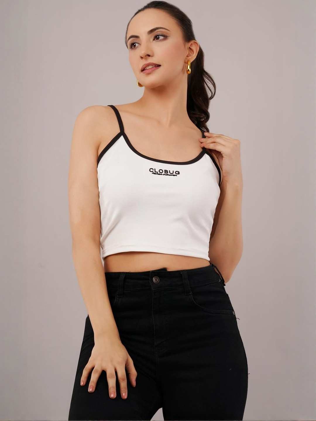 Clobug Brand Logo Print Scoop Neck Crop Top
