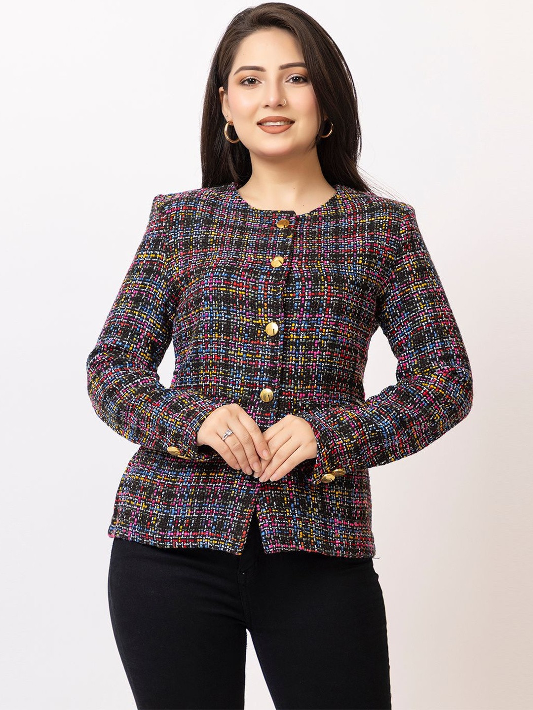 LASOON Self Design Round Neck Single Breasted Woolen Tweed Blazer