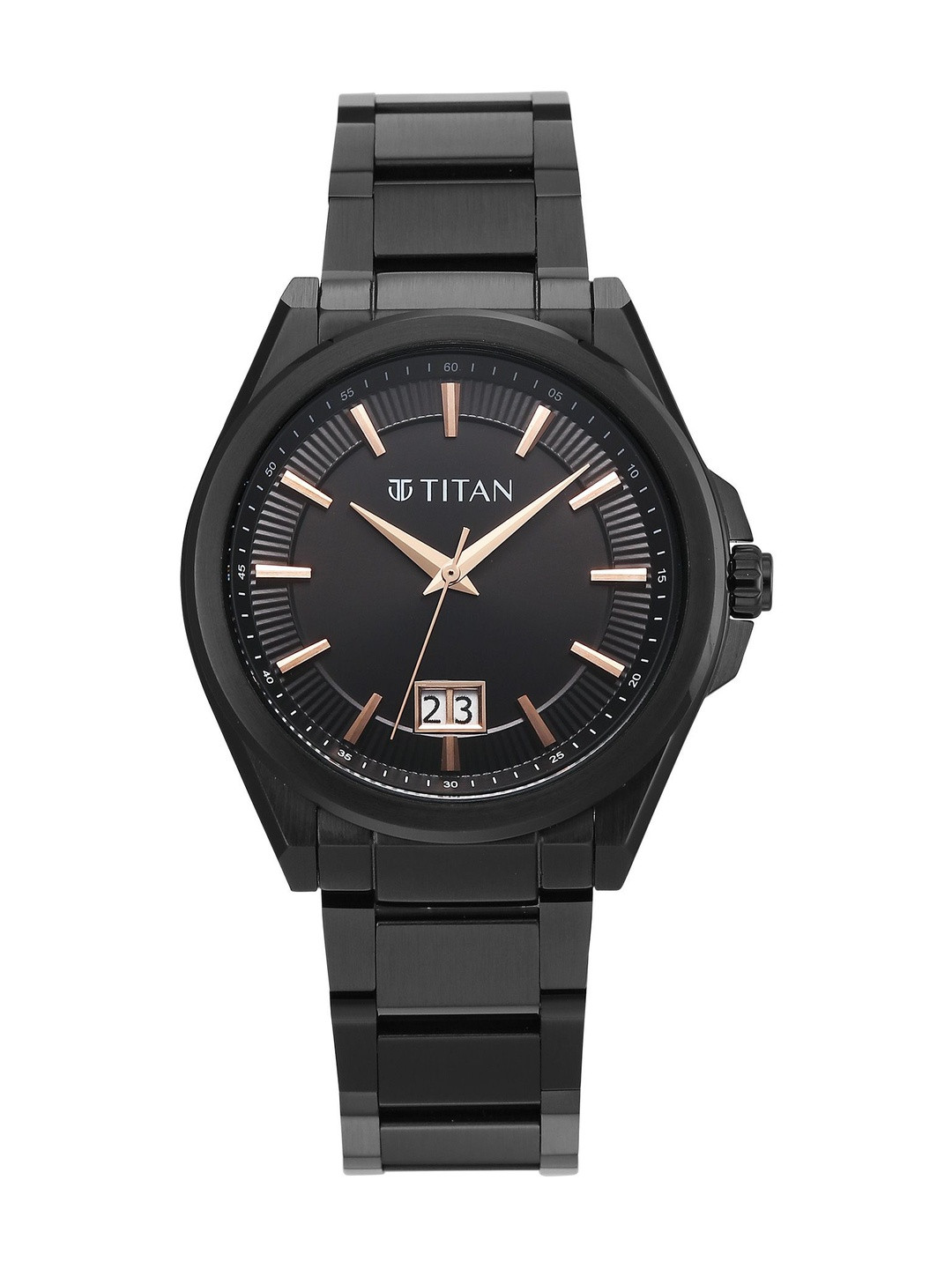 Titan Men's Classique Big Date Quartz Black Round Dial Watch - 90219NM01