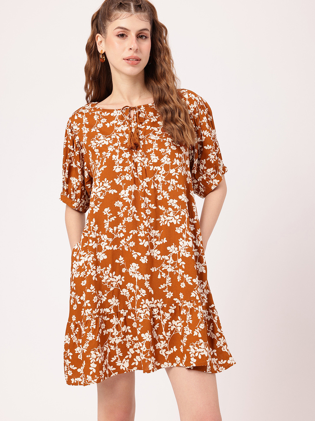 glitchez Floral Motifs Print Puff Sleeves Tie-Up Neck Mini A-Line Dress