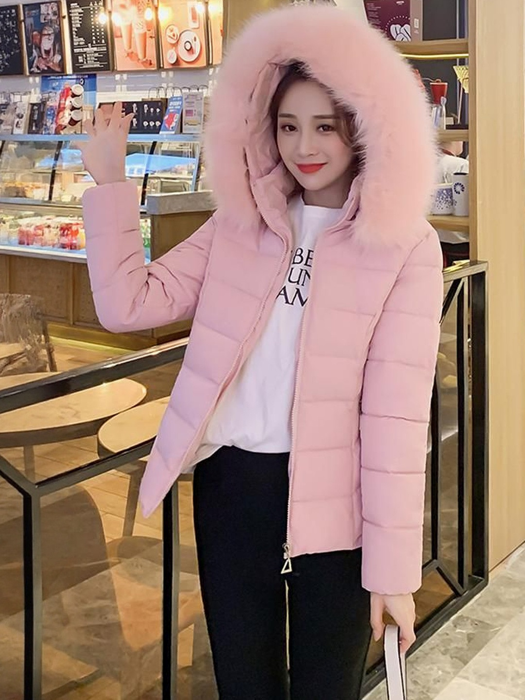 bebe Woven Faux Fur Trim Hooded Puffer Jacket