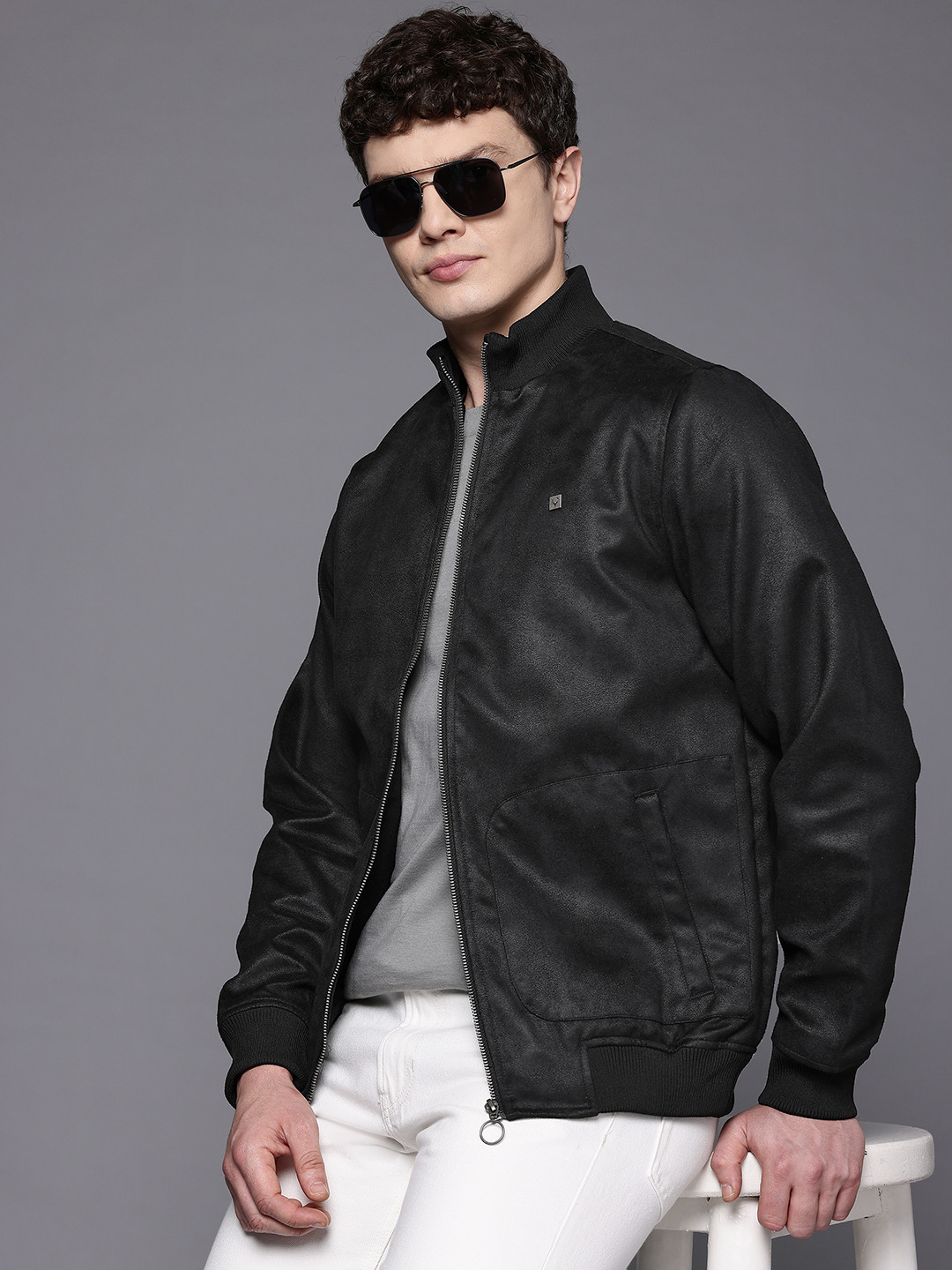 Allen Solly Mock Collar Faux Leather Trim Bomber Jacket