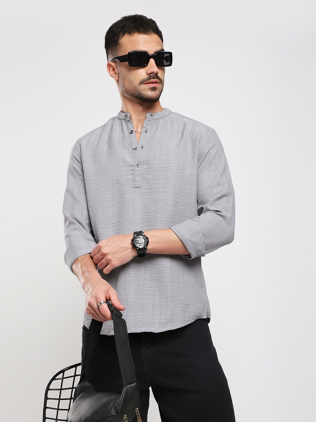 VASTRADO Men Grey Striped Refined Jacquard Thread Work Kurta